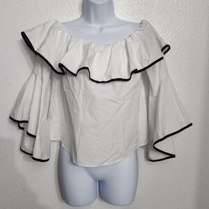 DO+BE White Ruffle Blouse with Black Trim